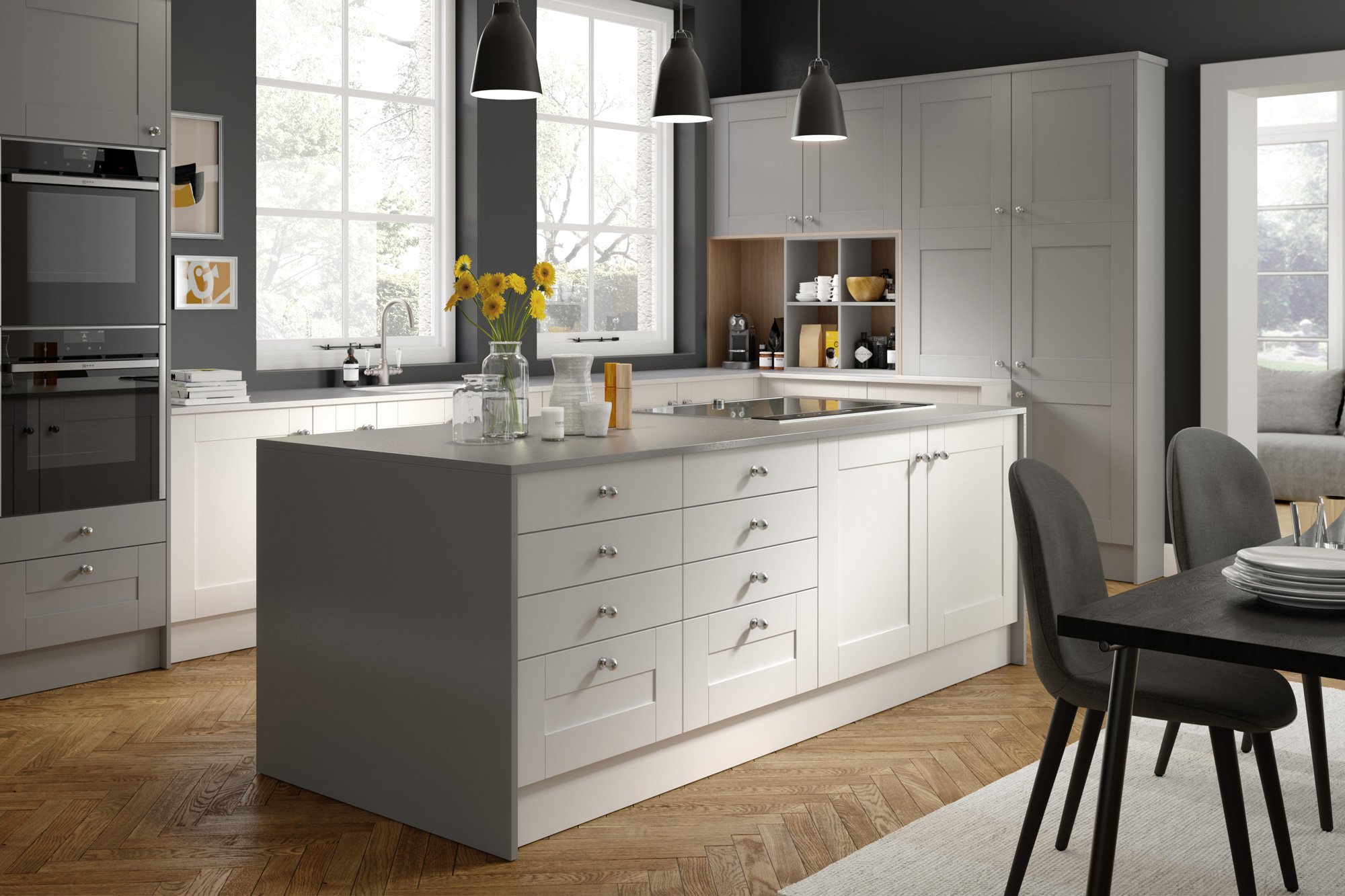 A modern, grey and white kitchen featuring Crofts & Assinder handles